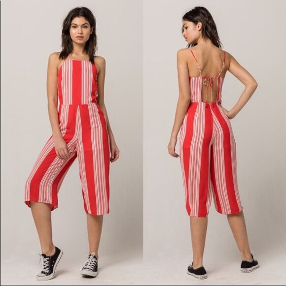 Love & Fire Pants - Love & Fire  Red Striped Jumpsuit Tie Back Size XS